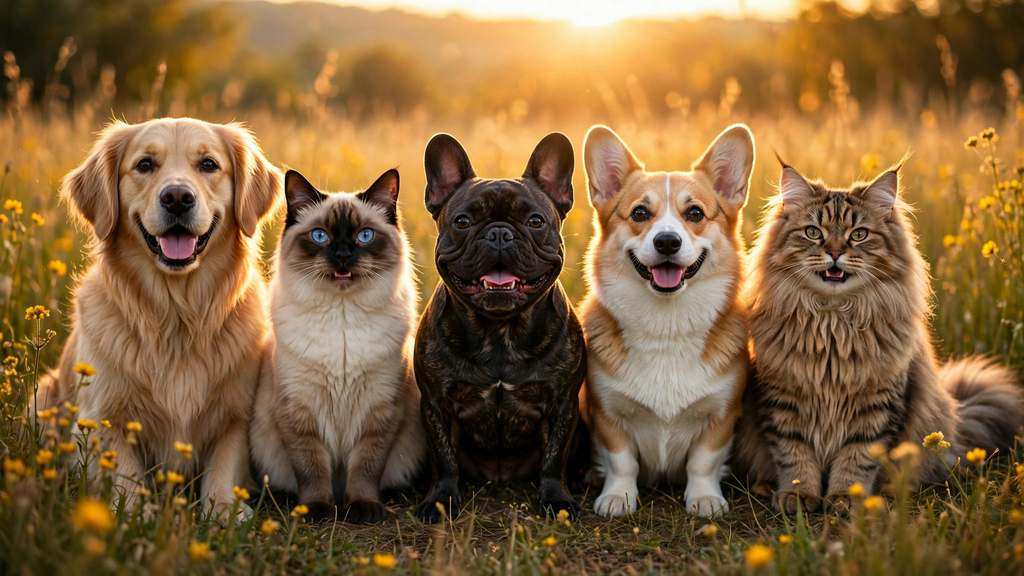 Happy dogs and cats together in a golden meadow